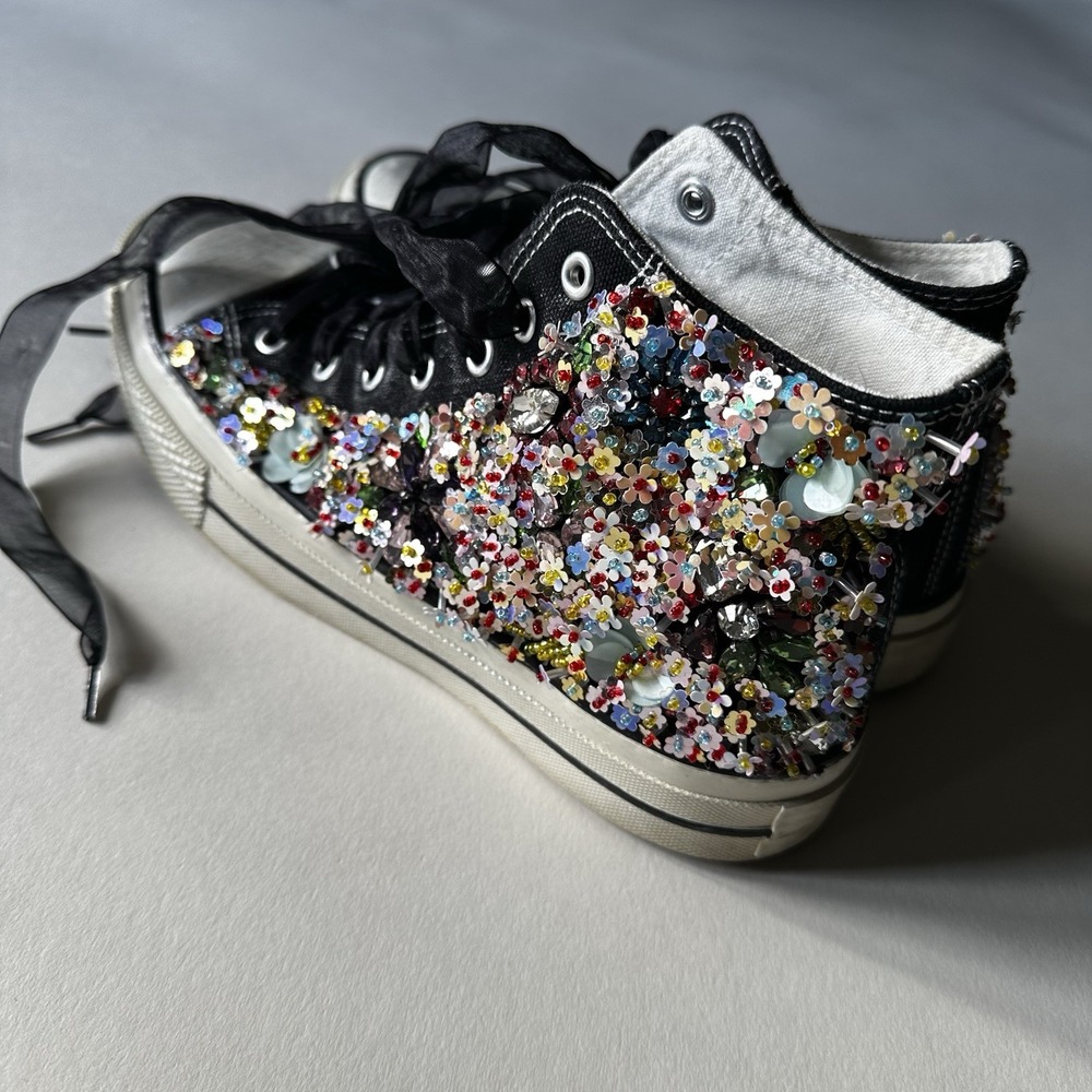NAN-KU Couture Black High Top Canvas Sneakers Floral Sequin Beaded US 7.5